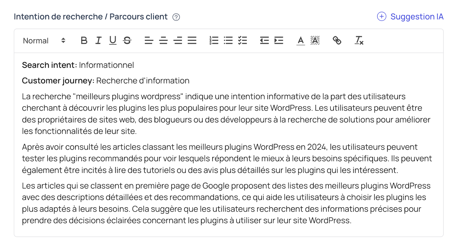 Le champ "Intention de recherche / Parcours client" de la fonctionnalité de création de brief de rédaction de thruuu.