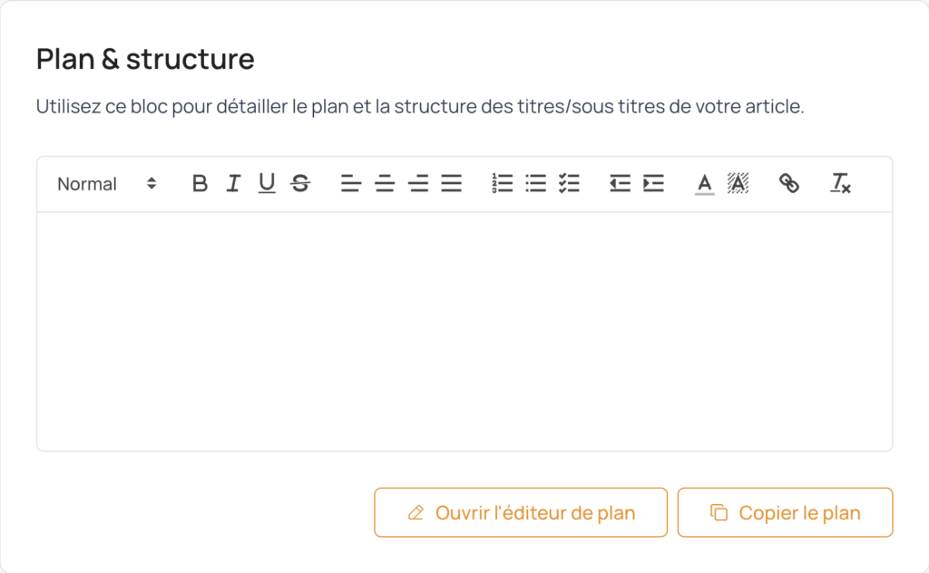 Le champ "Plan & structure" de la fonctionnalité de création de brief de rédaction de thruuu.