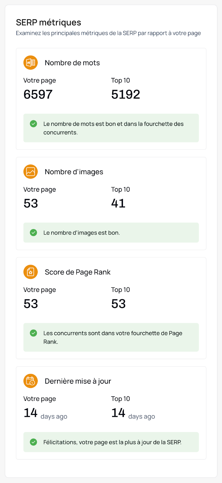 L'audit de page vous permet d'accéder aux métriques de la SERP.