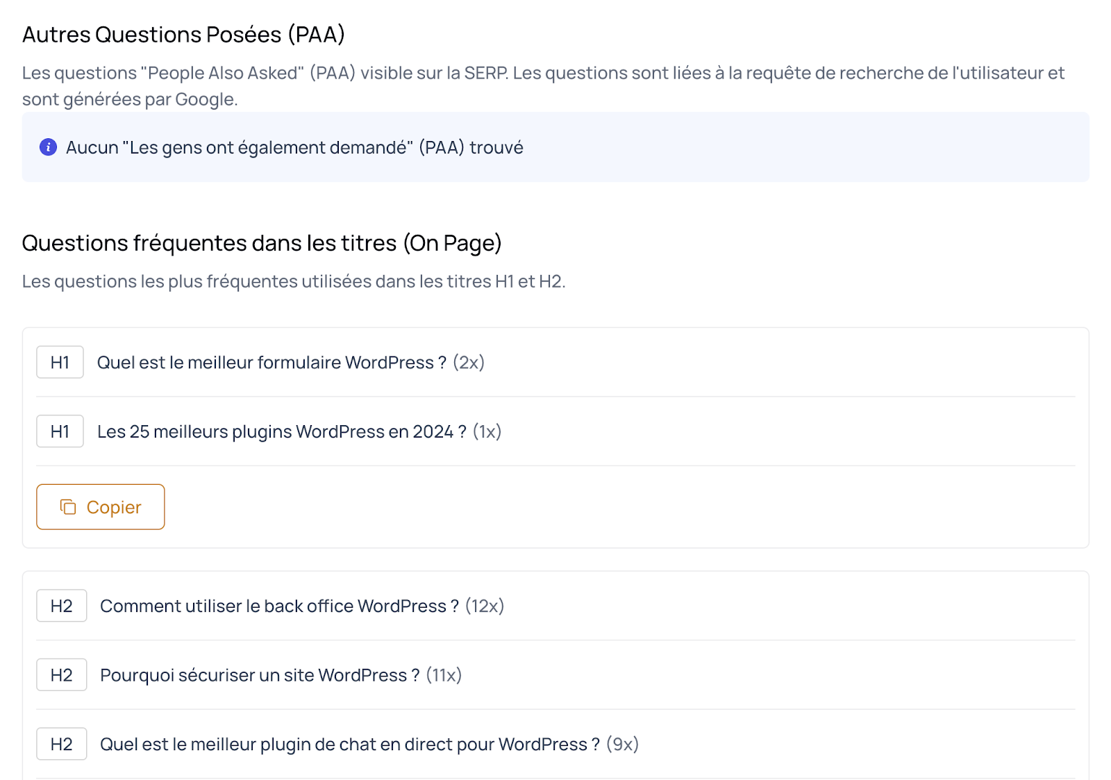 L'onglet "Questions" de l'analyse de SERP de thruuu.
