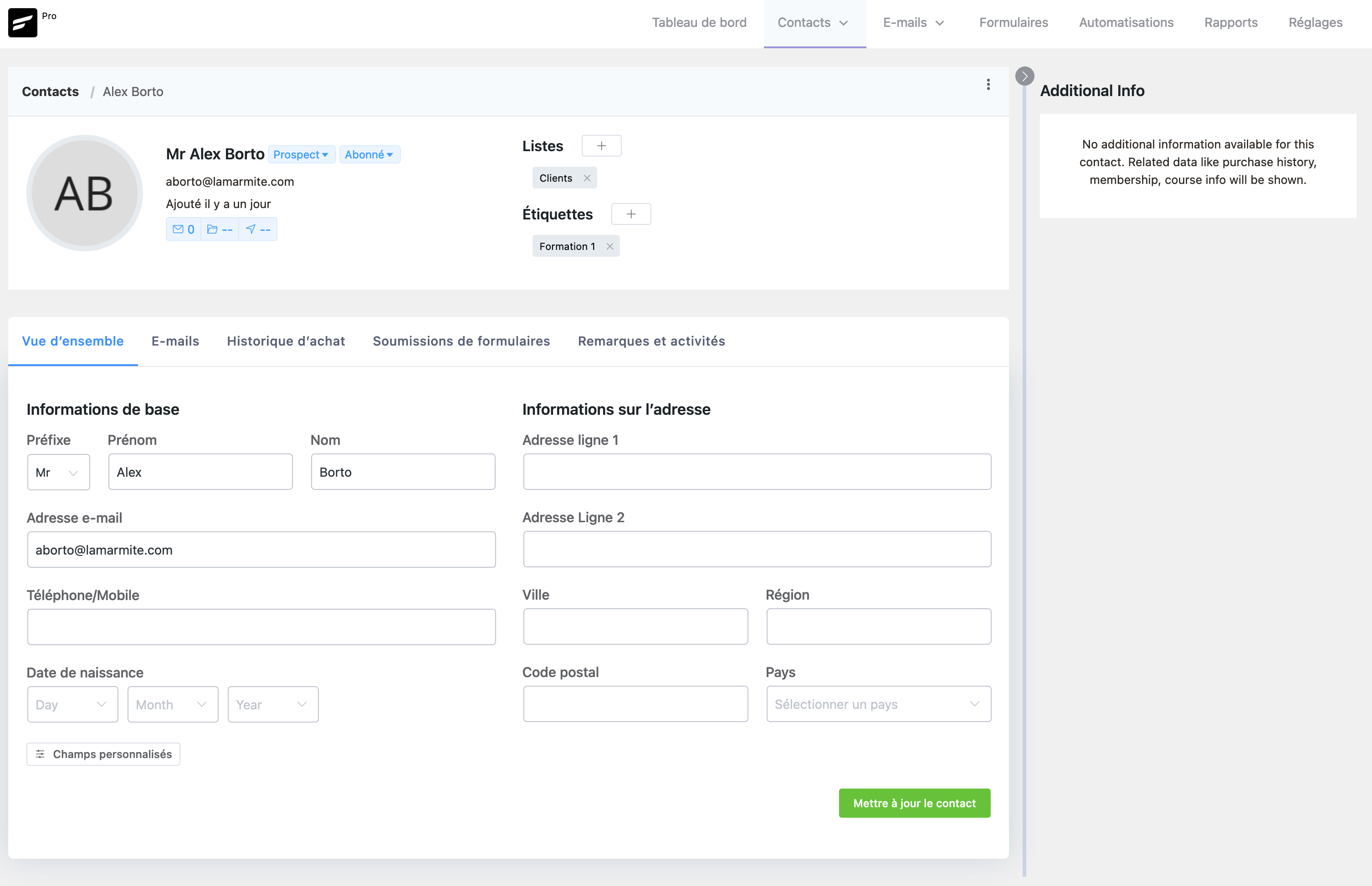 Aperçu d'un contact FluentCRM.