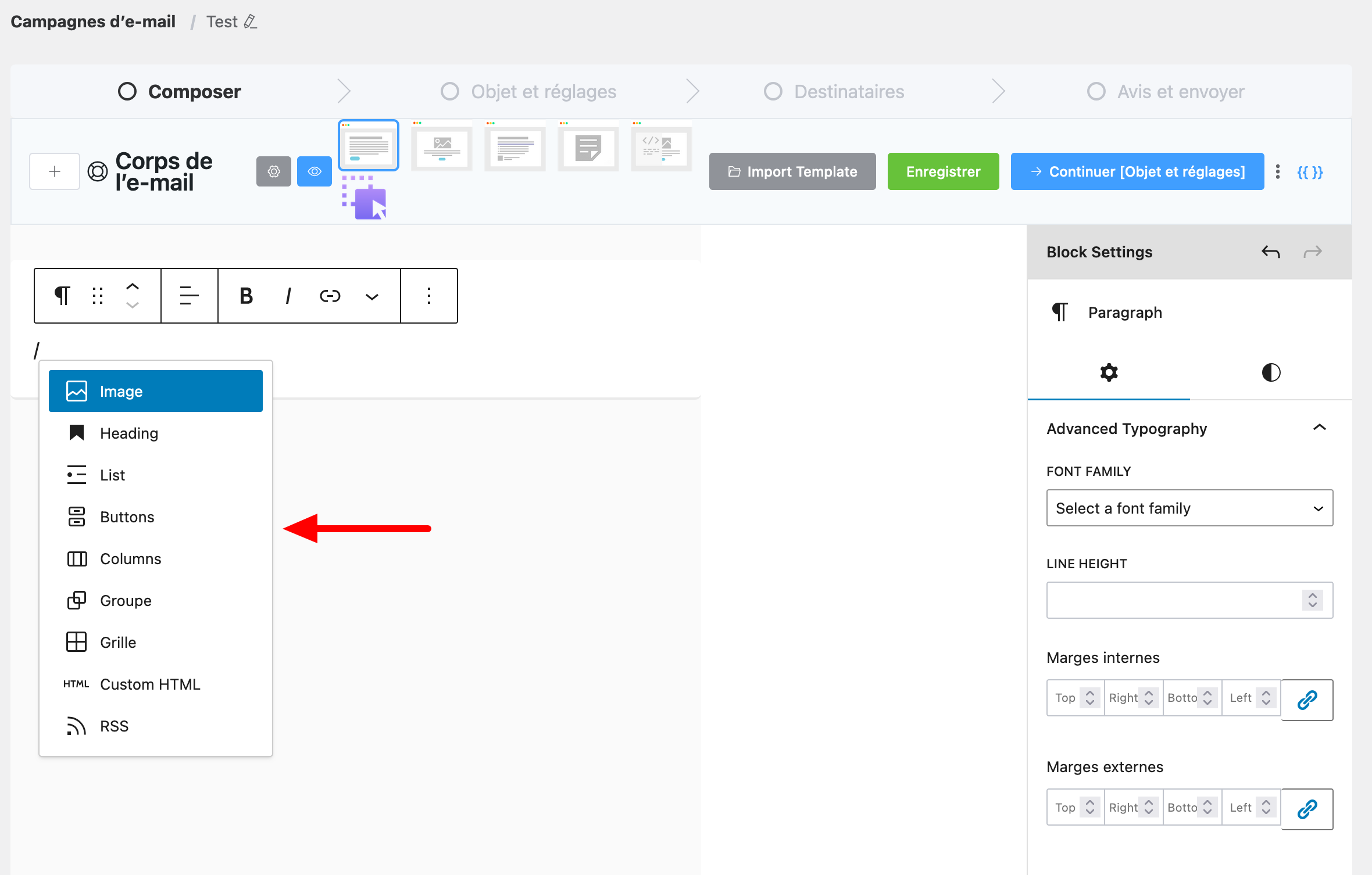 FluentCRM permet d'éditer vos emails avec des blocs Gutenberg.