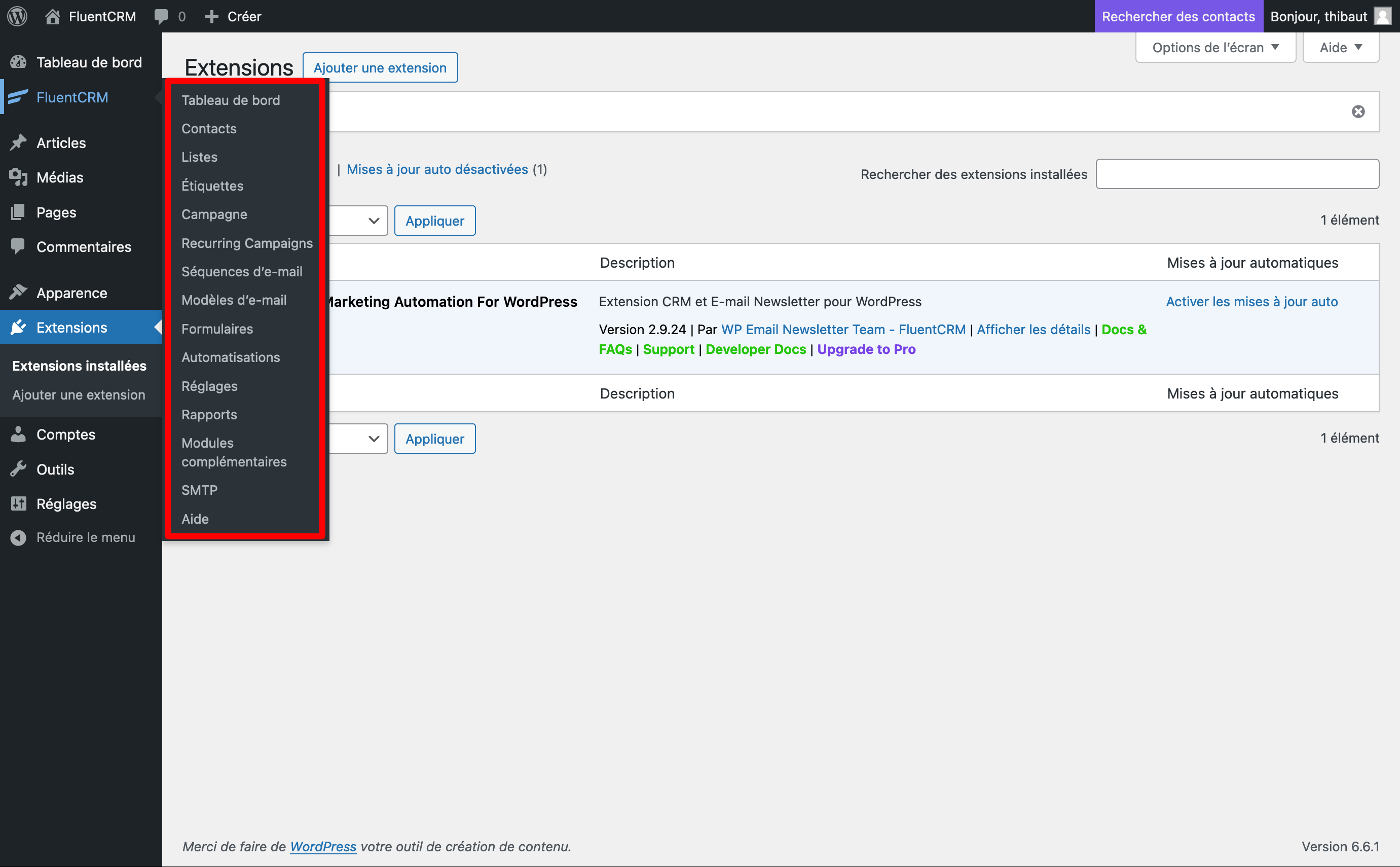 Menus du plugin WordPress FluentCRM.