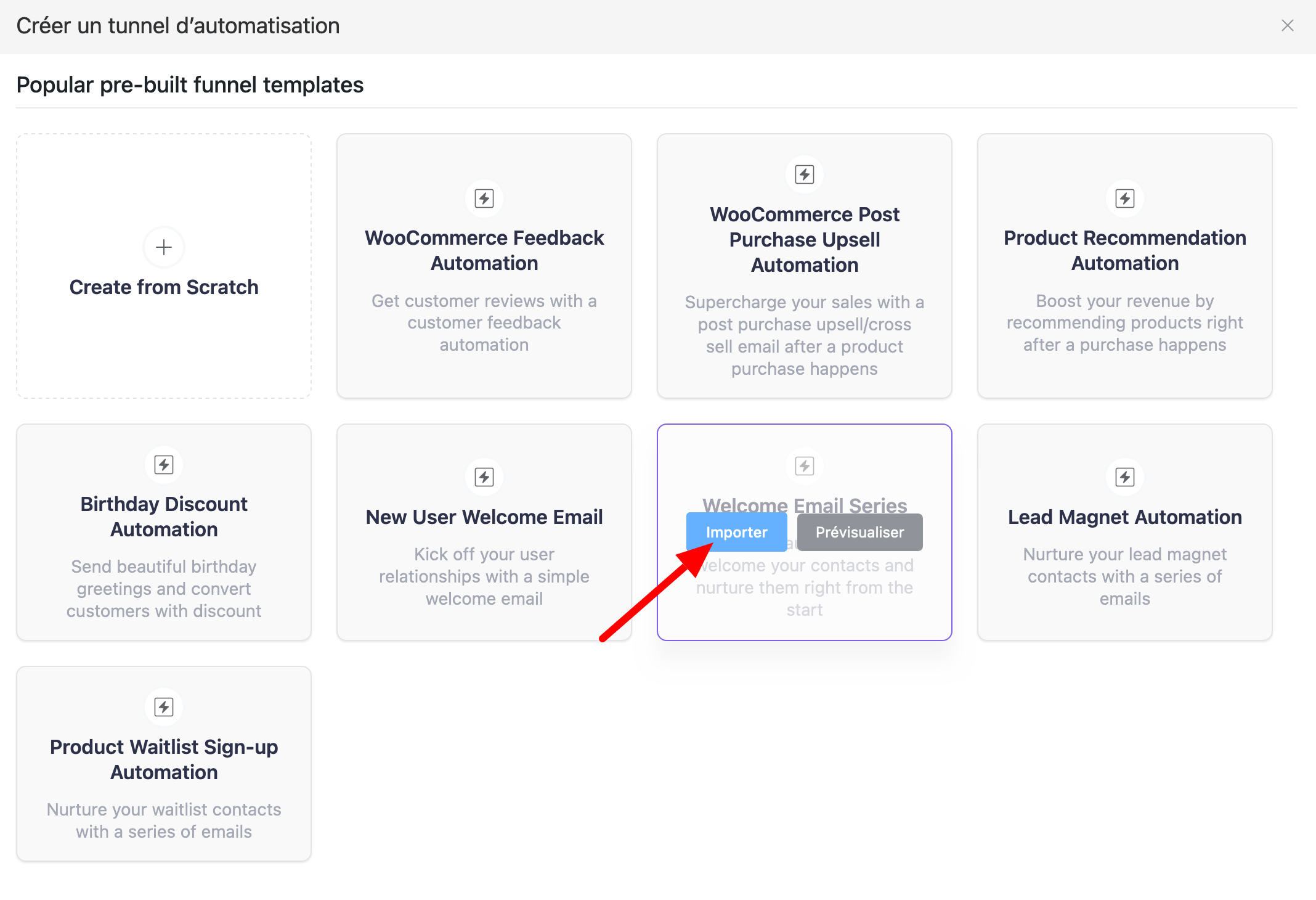FluentCRM permet d'importer des automatisations prêtes à l'emploi.
