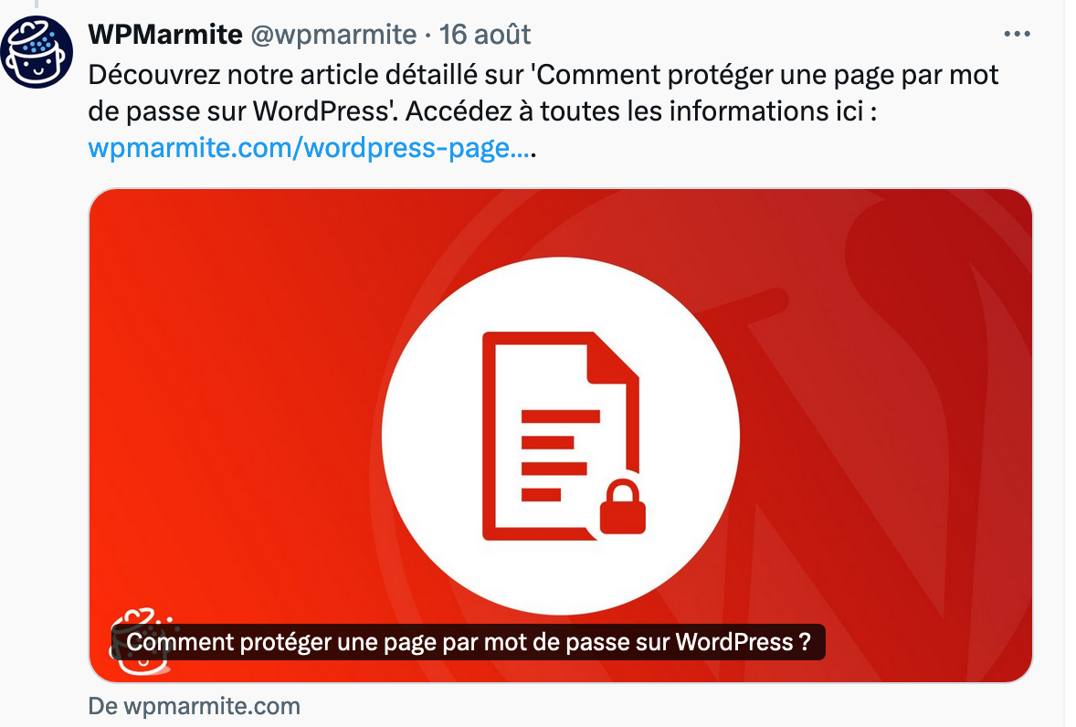 Partage d'un article sur le compte Twitter de WPMarmite.