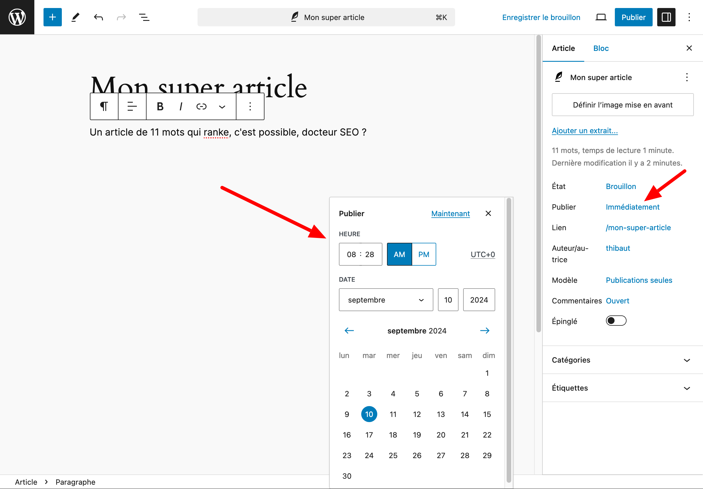 WordPress permet de programmer la publication d'un article.