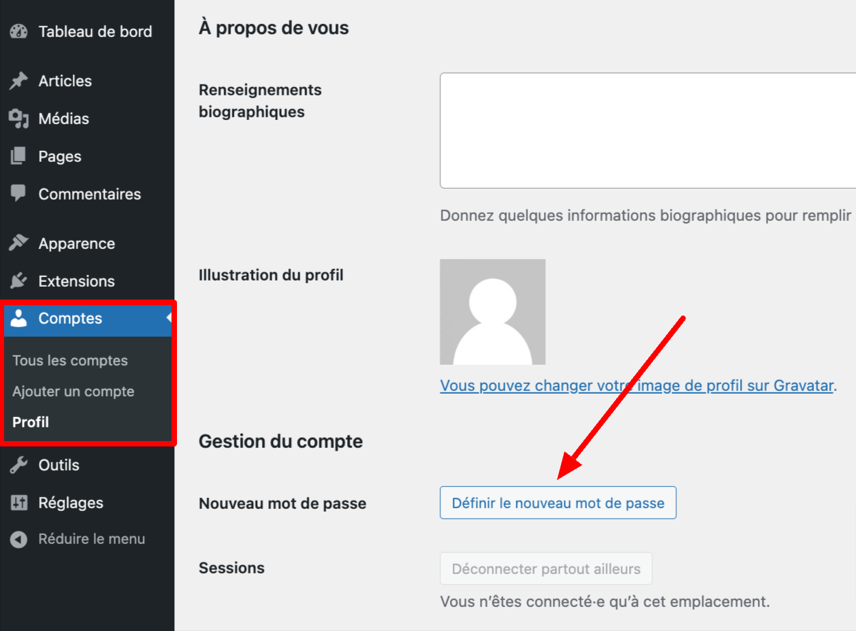 Modifier son mot de passe dans l'administration WordPress.