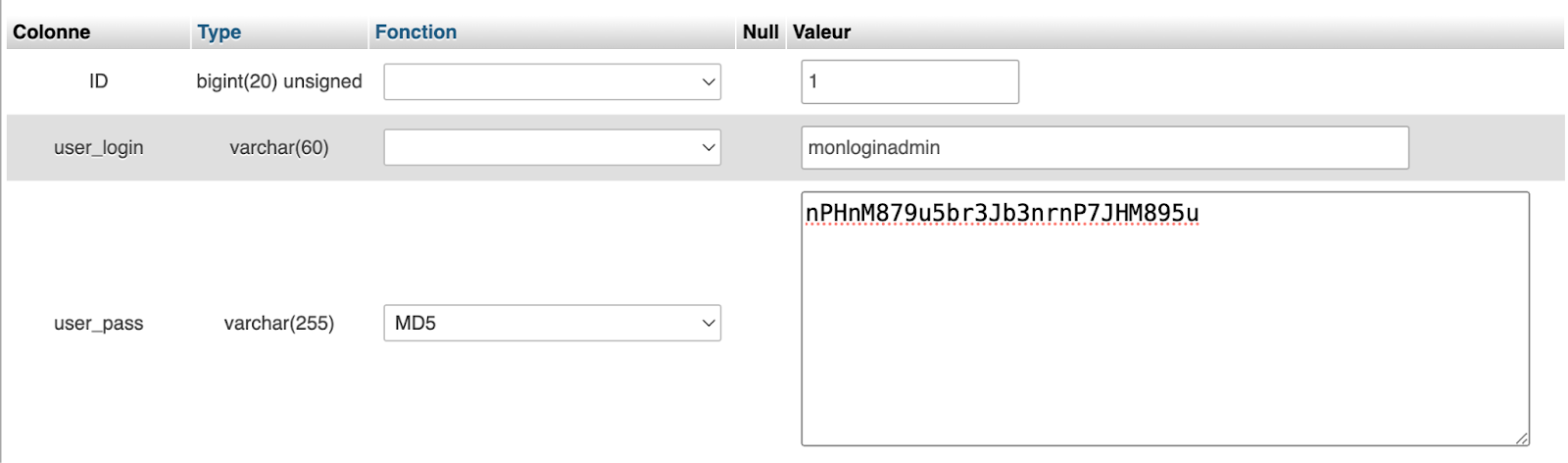 Modifier votre mot de passe WordPress dans la base de données via phpMyAdmin.