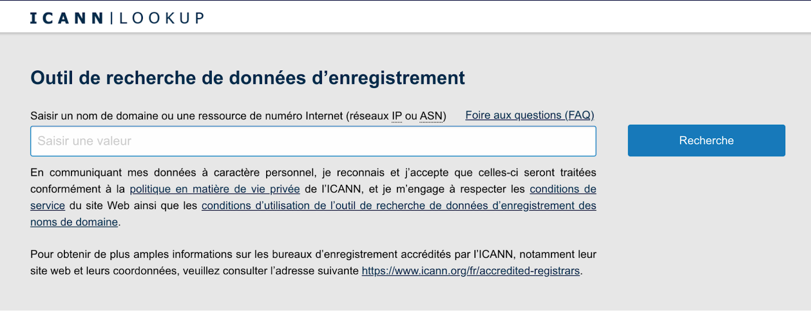 L'outil de recherche de l’ICANN permet de vérifier qu'un nom de domaine est bien actif.