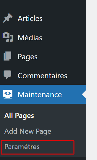 Le menu Paramètres de l'extension Maintenance Mode for WordPress®