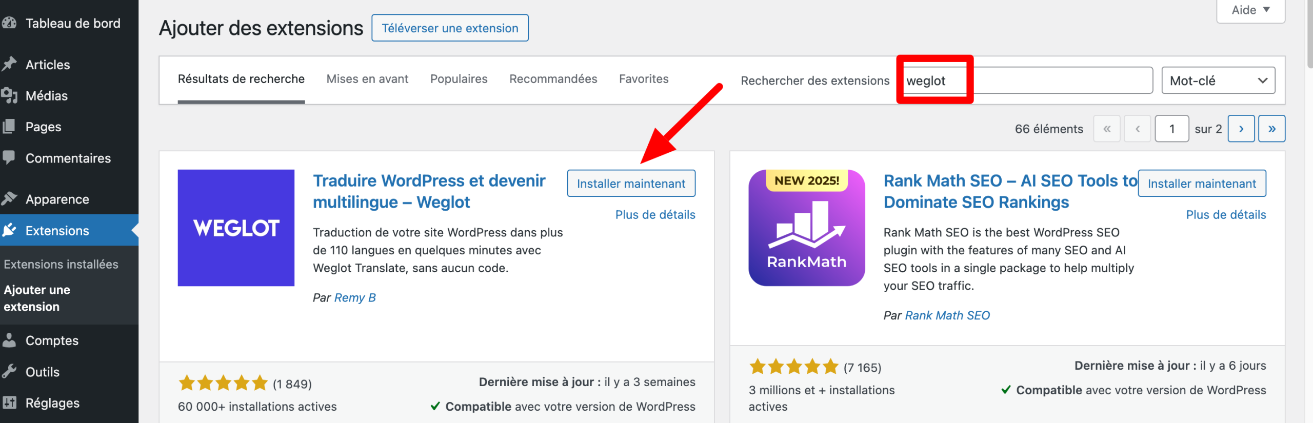 Ajout de l'extension Weglot sur WordPress.