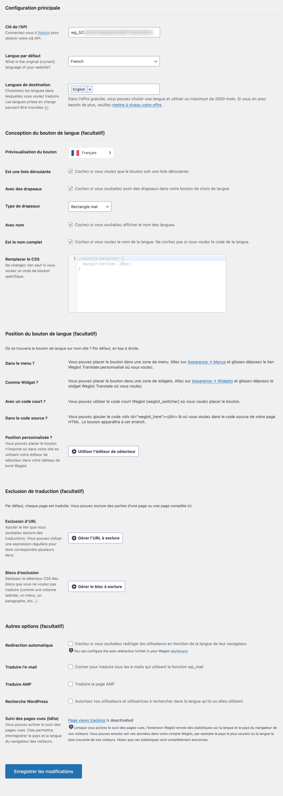 Le menu de réglages de Weglot sur WordPress 