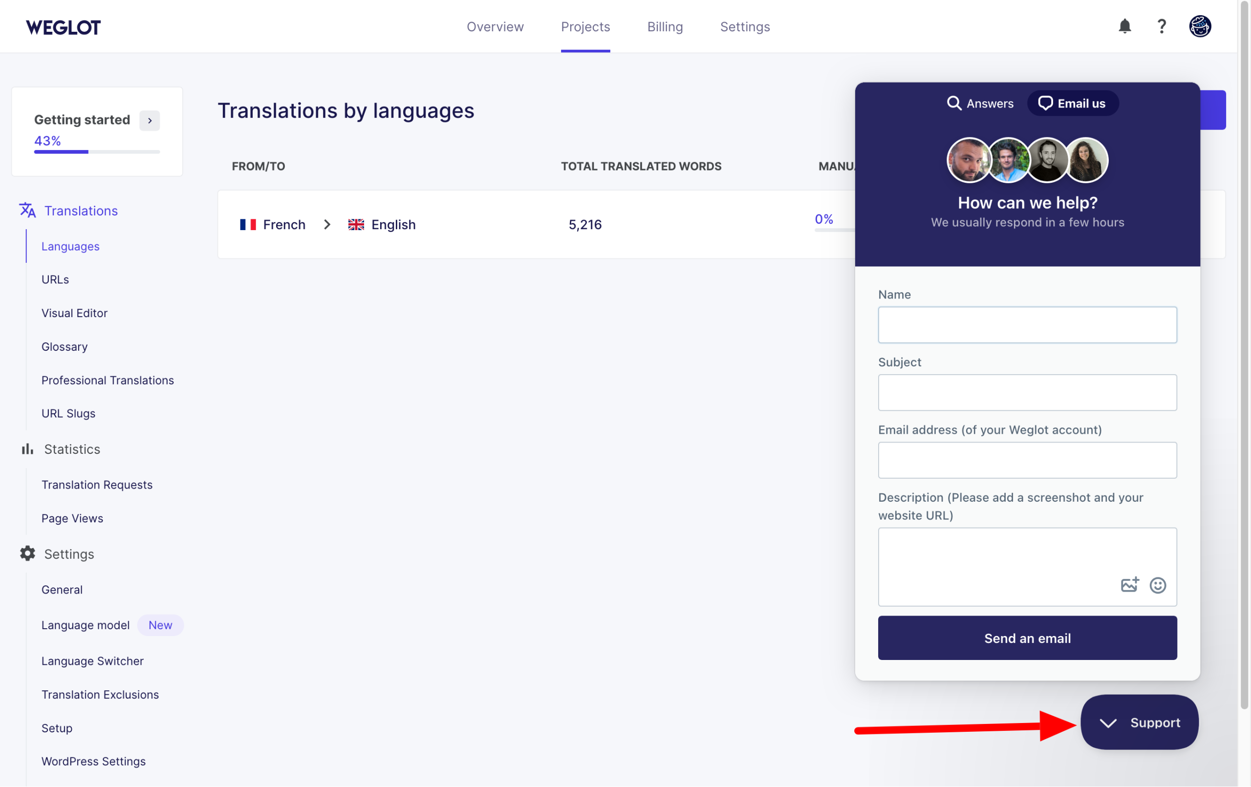 Contact du support de Weglot.