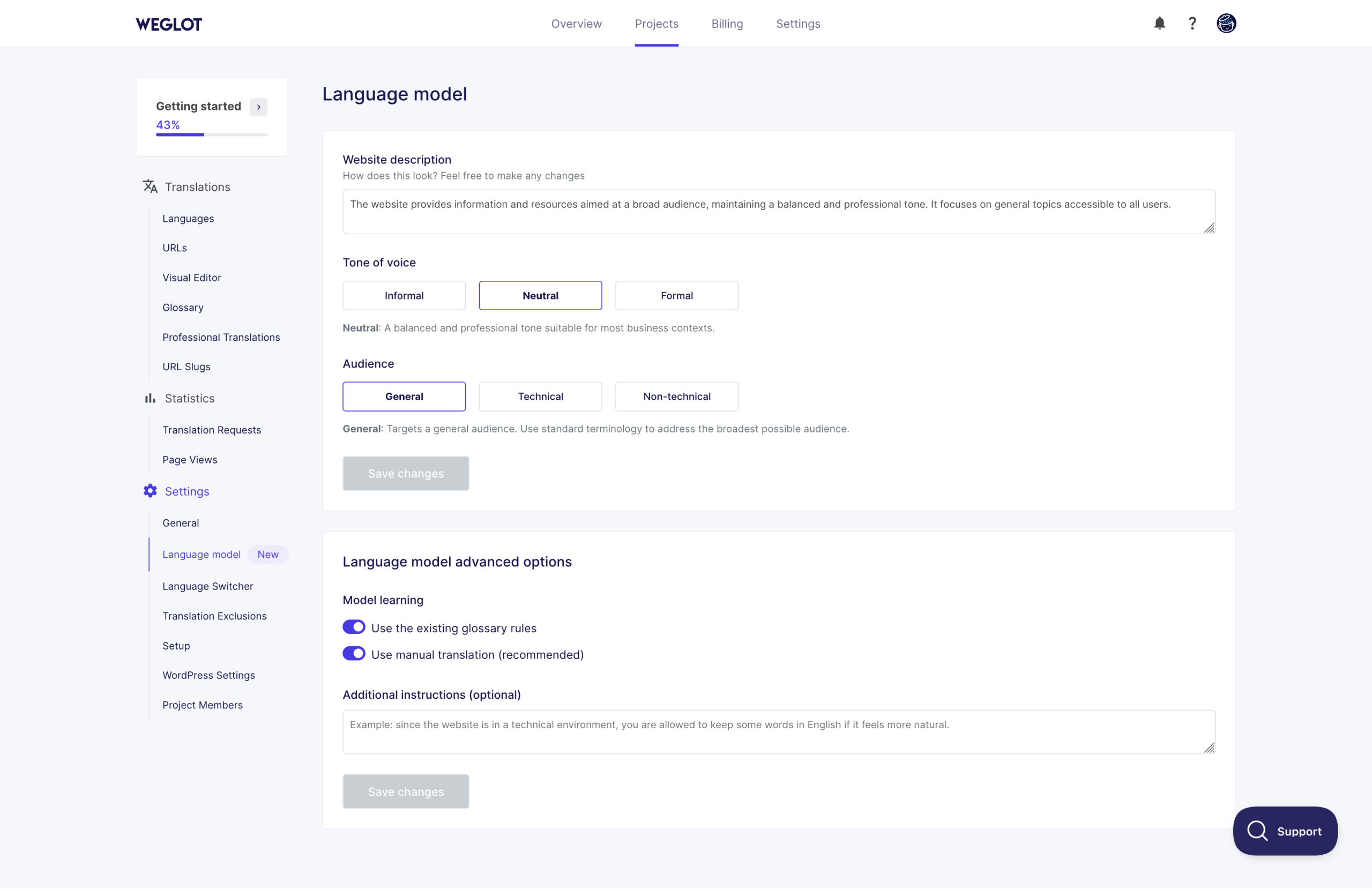 Page de réglages de la fonctionnalité Language model de Weglot.