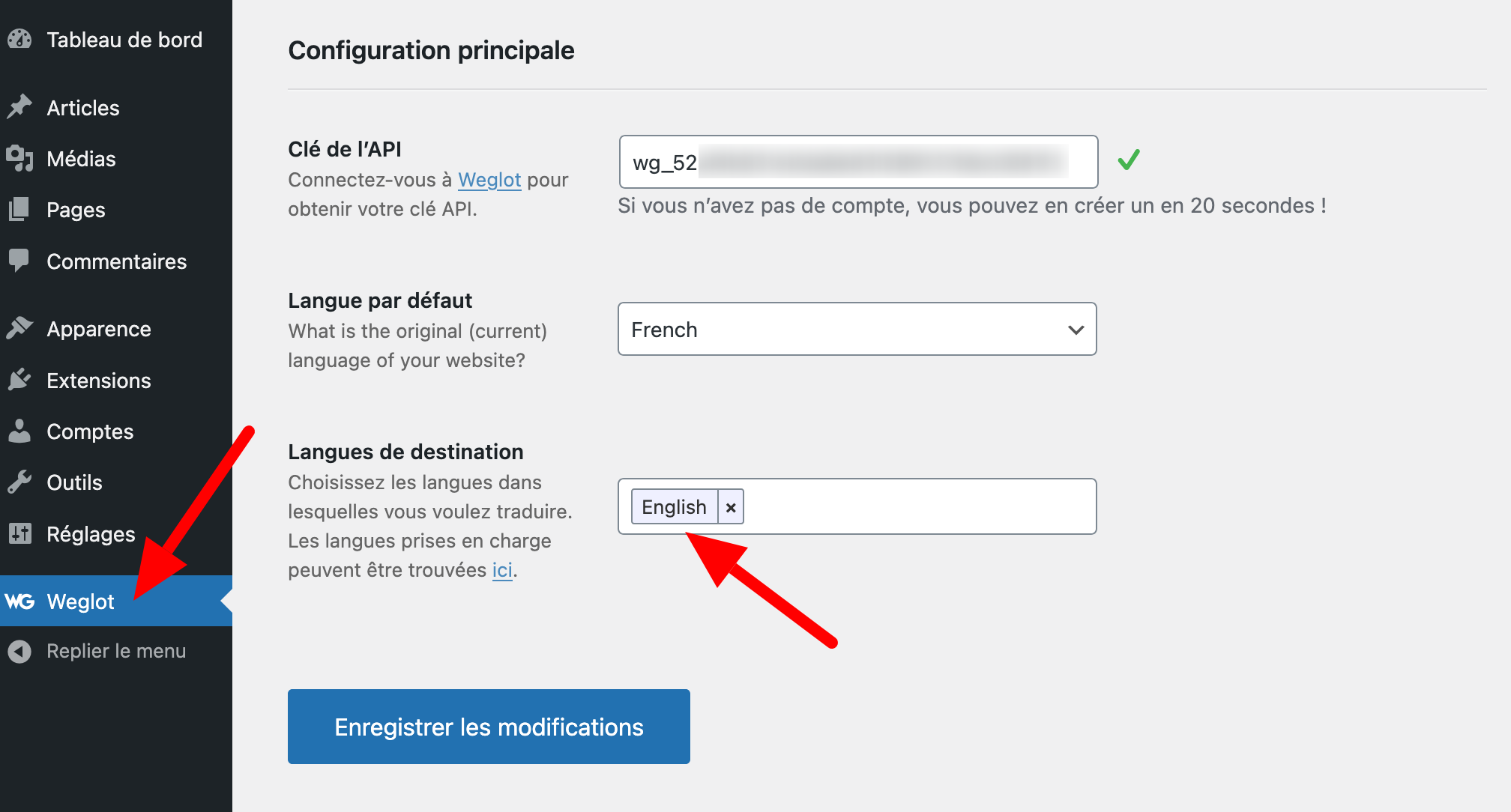 Sélection de la langue de traduction de Weglot sur WordPress.