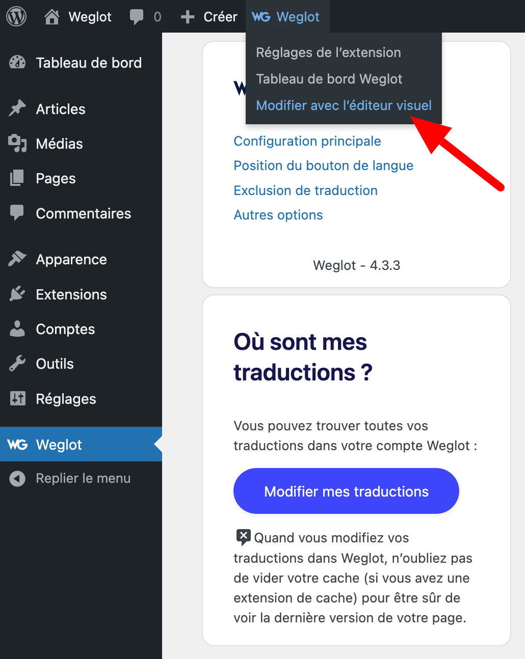 Modification d'un texte avec l'Editeur visuel de Weglot sur WordPress.