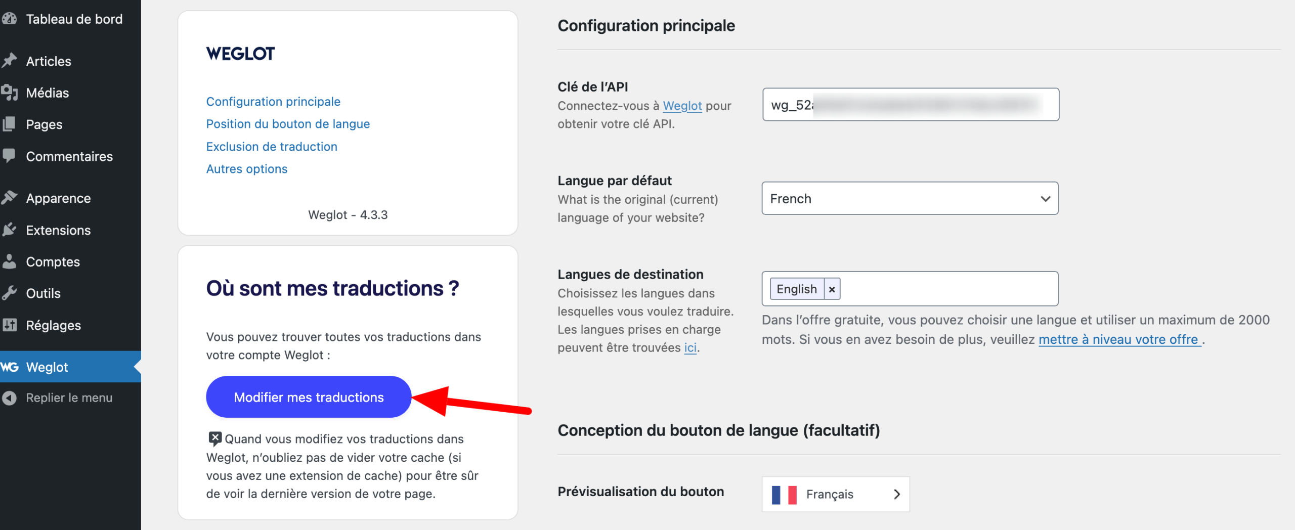 Le bouton pour modifier une traduction sur Weglot.