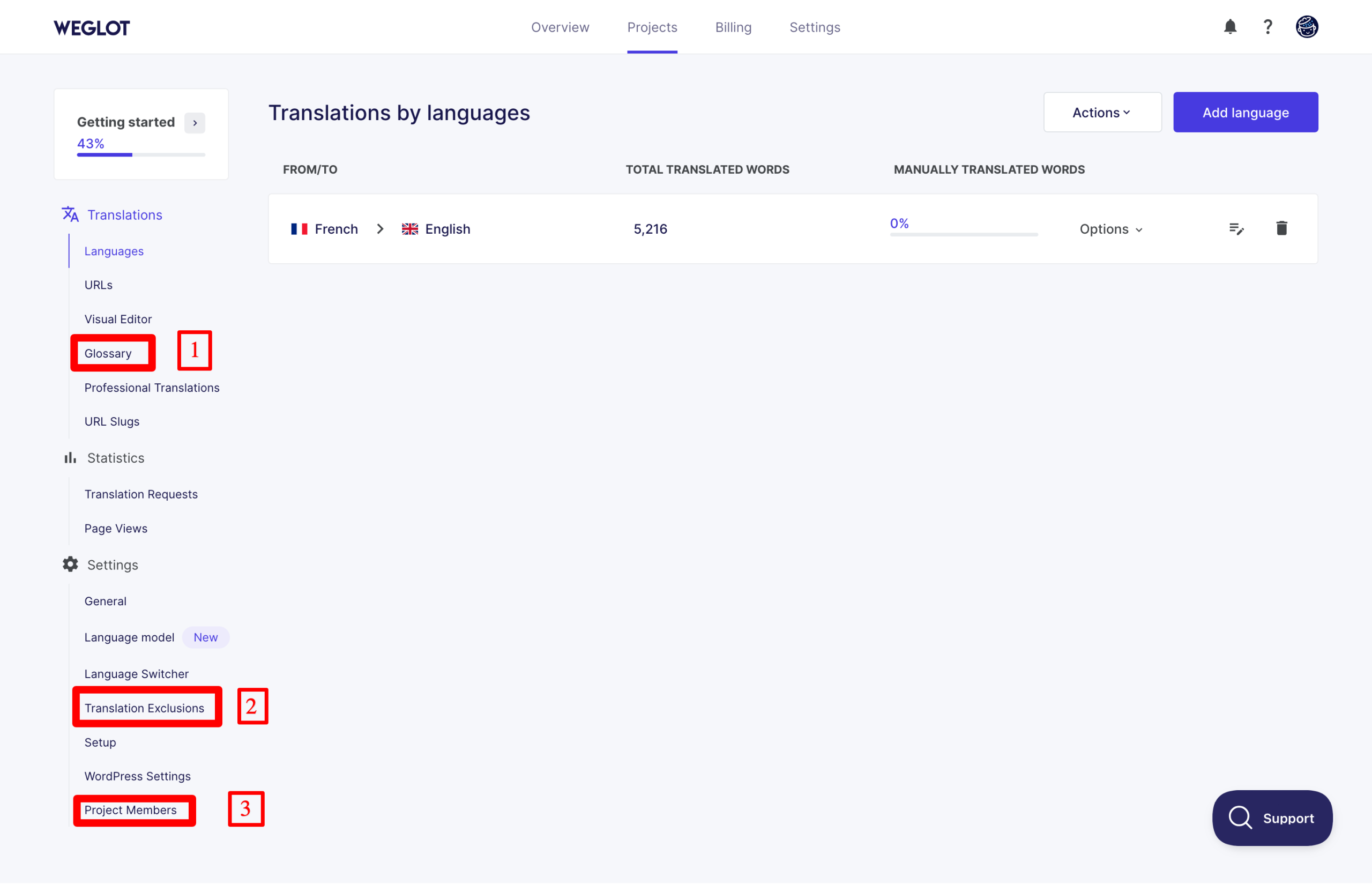 Réglages sur l'interface de Weglot.