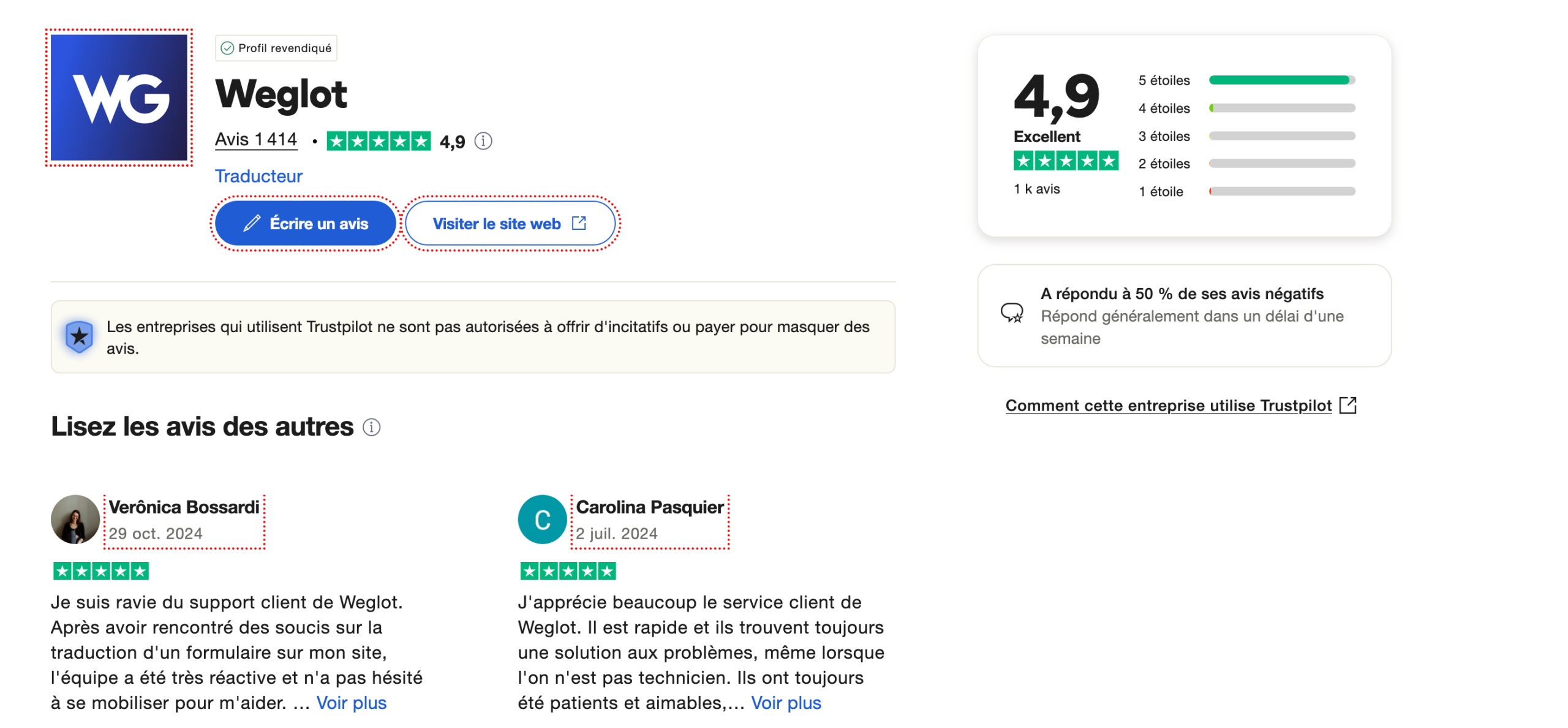 Avis Trustpilot sur l'outil Weglot.