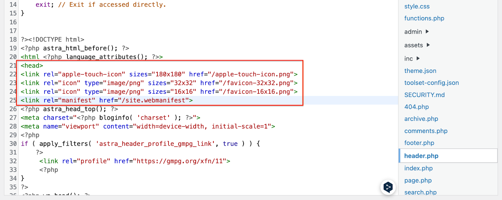 Le code des favicons est ajouté dans le fichier header.php (ajout de toutes les favicons) 