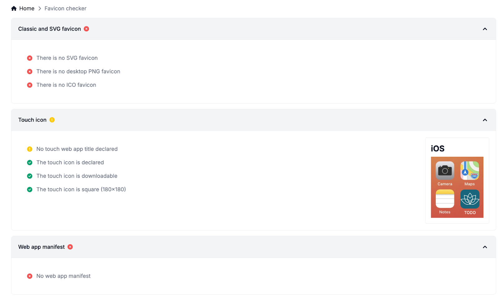Analyse du Favicon Checker : par exemple, il manque des versions pour iPhone