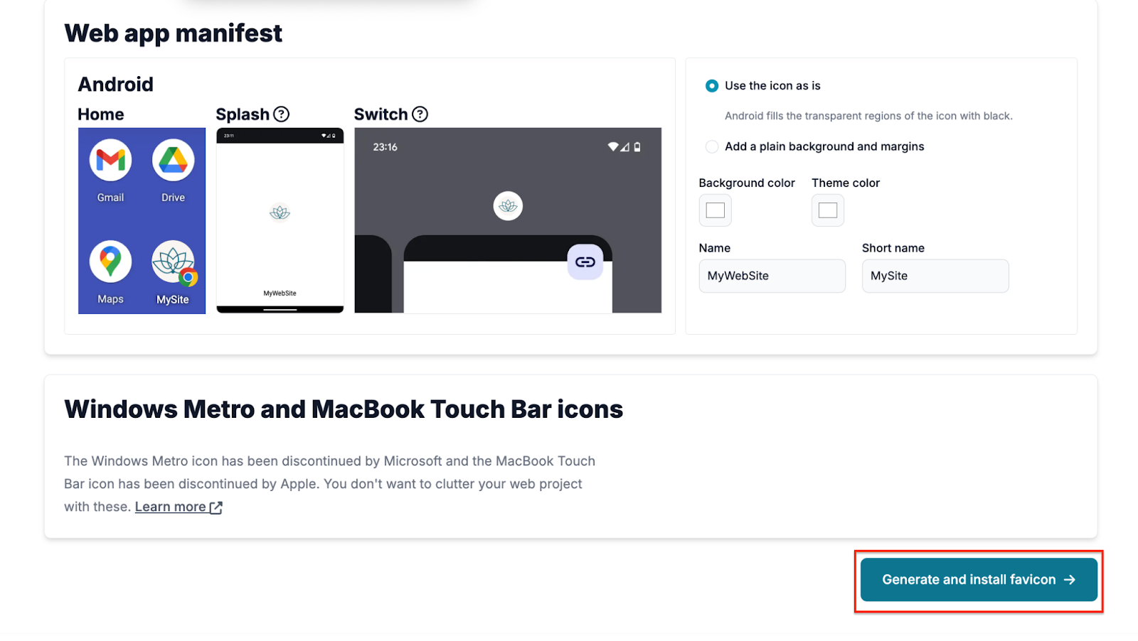 Voici le bouton « Generate and install favicon » (générez et installez les favicons)