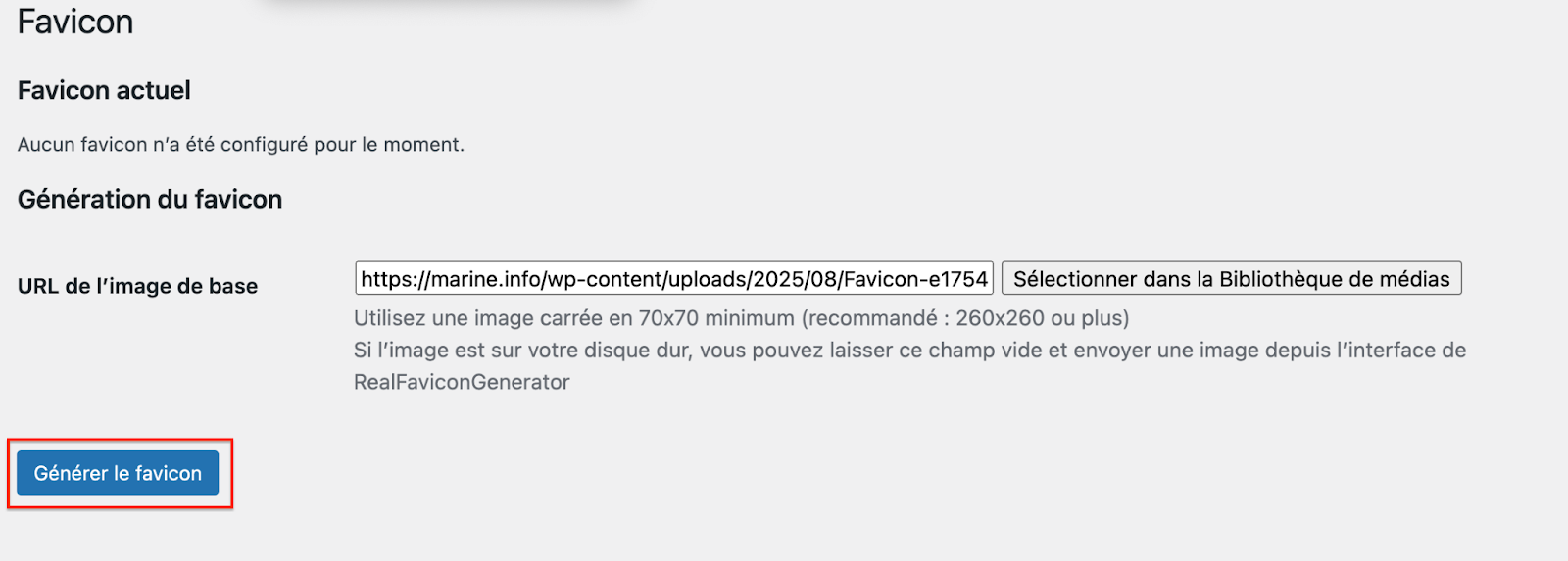 Sélection de la favicon (URL) avec le plugin realfaviconchecker