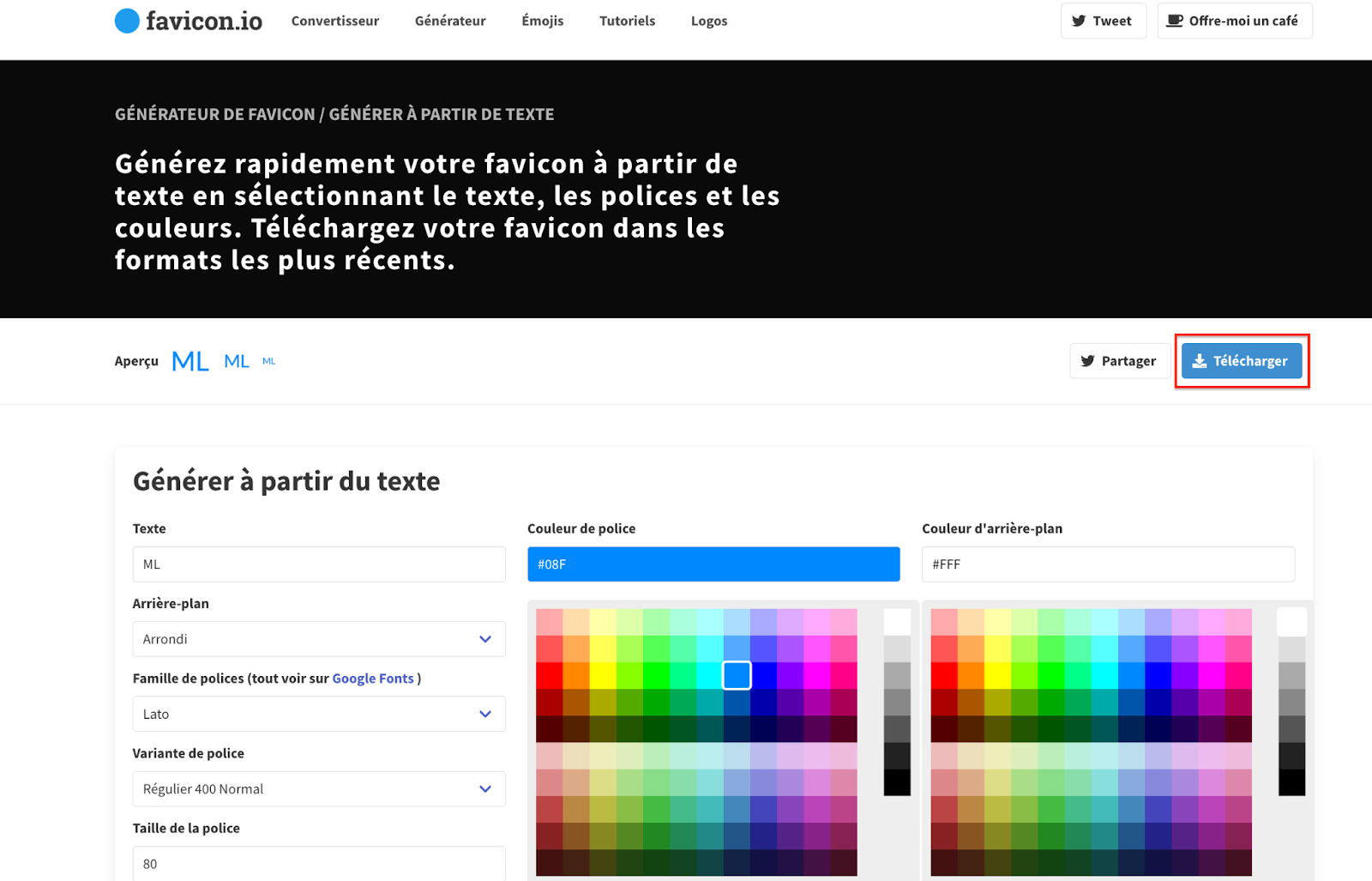 Création de la favicon avec du texte via Favicon.io