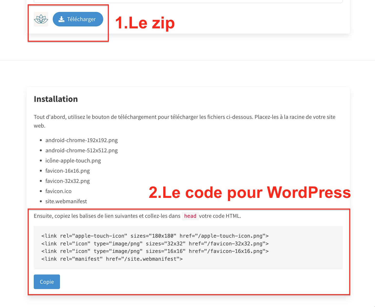 Les deux étapes pour toutes les tailles de favicon : le ZIP et le code pour WordPress