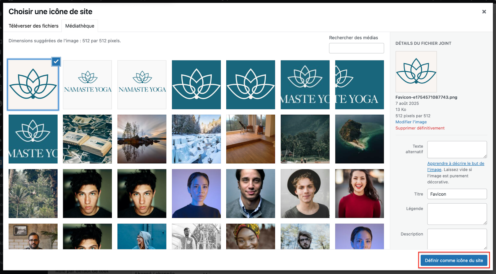 Choix de l’icône du site avec l’interface native de WordPress, la médiathèque
