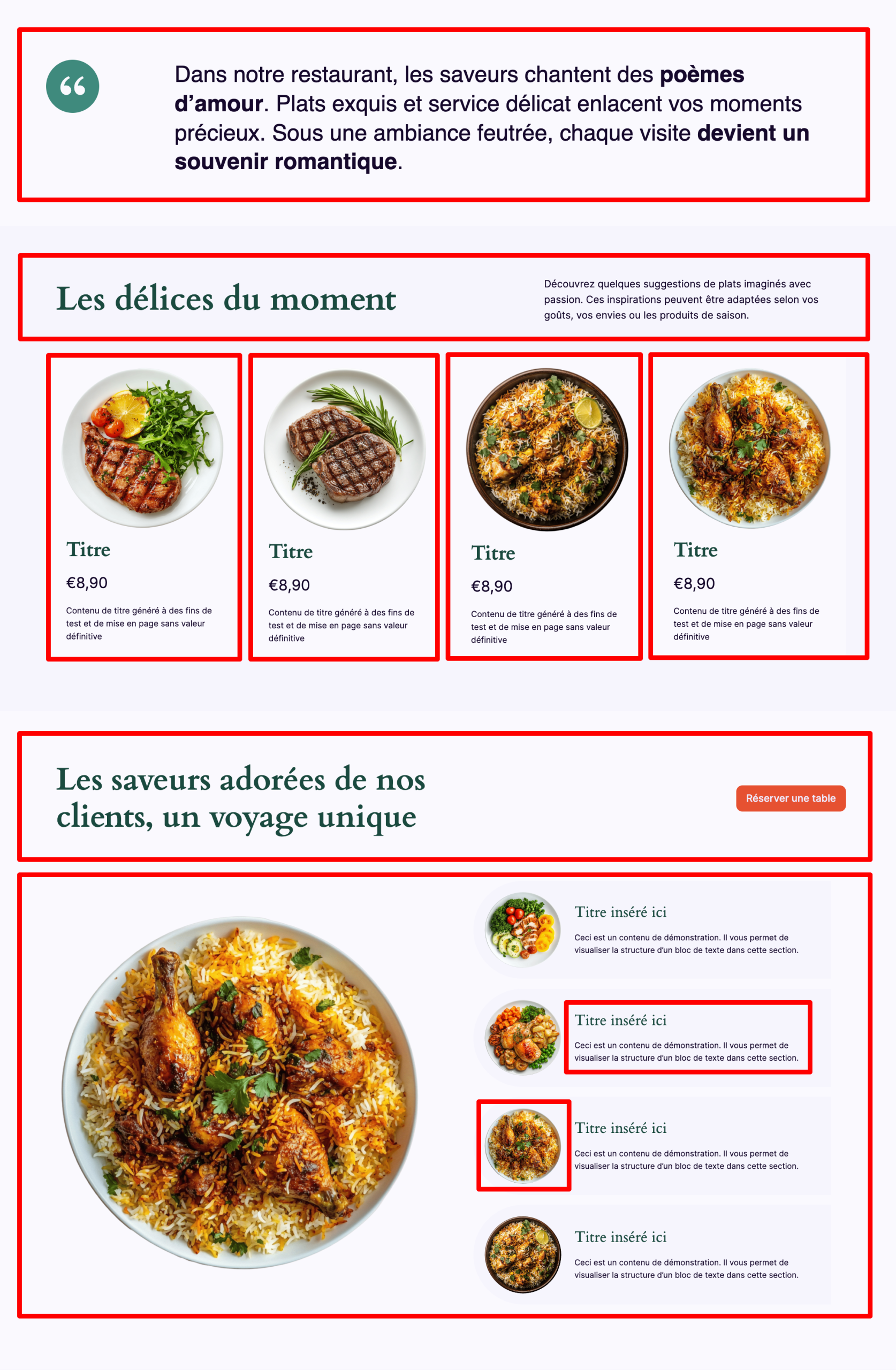 Exemple de sections proposées dans le modèle de site de restaurant de WPMarmite Start.