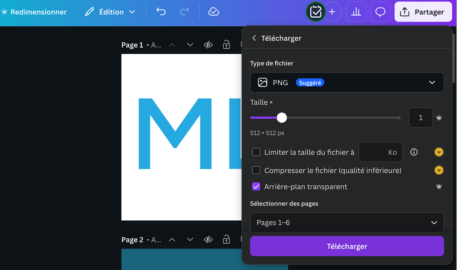Exportation de la favicon en PNG, fond transparent avec Canva