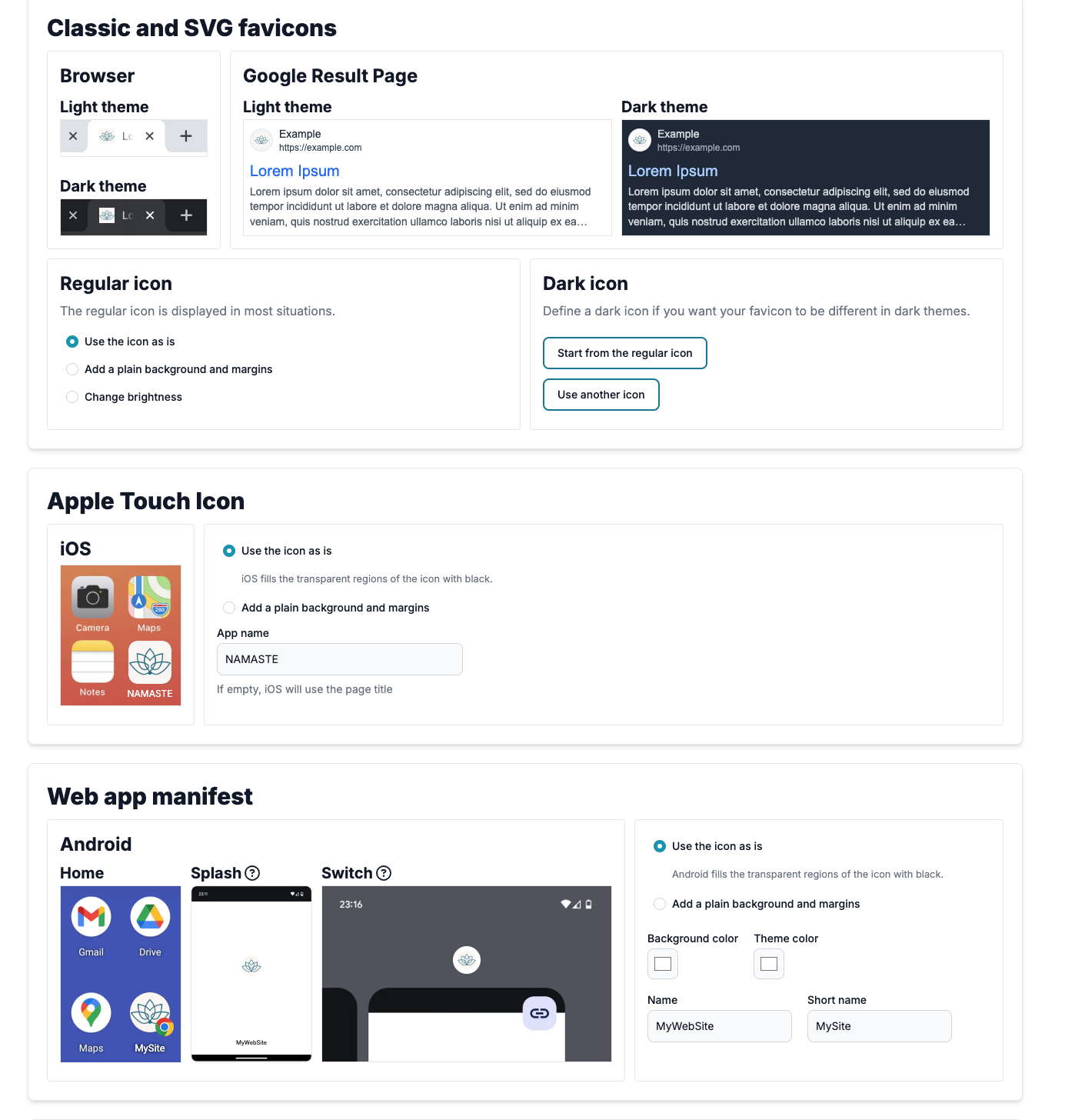 Interface qui montre comment créer votre favicon sur dark mode, l’Apple Touch et le Web App Manifest de votre choix