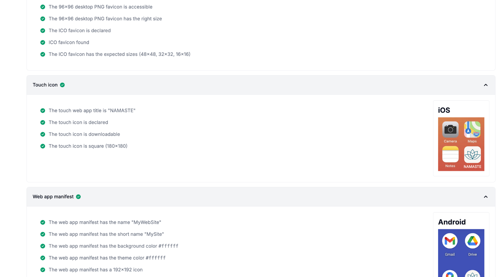 Ce sont les resultats de Favicon checker : tous les supports sont couverts selon Real Favicon Checker