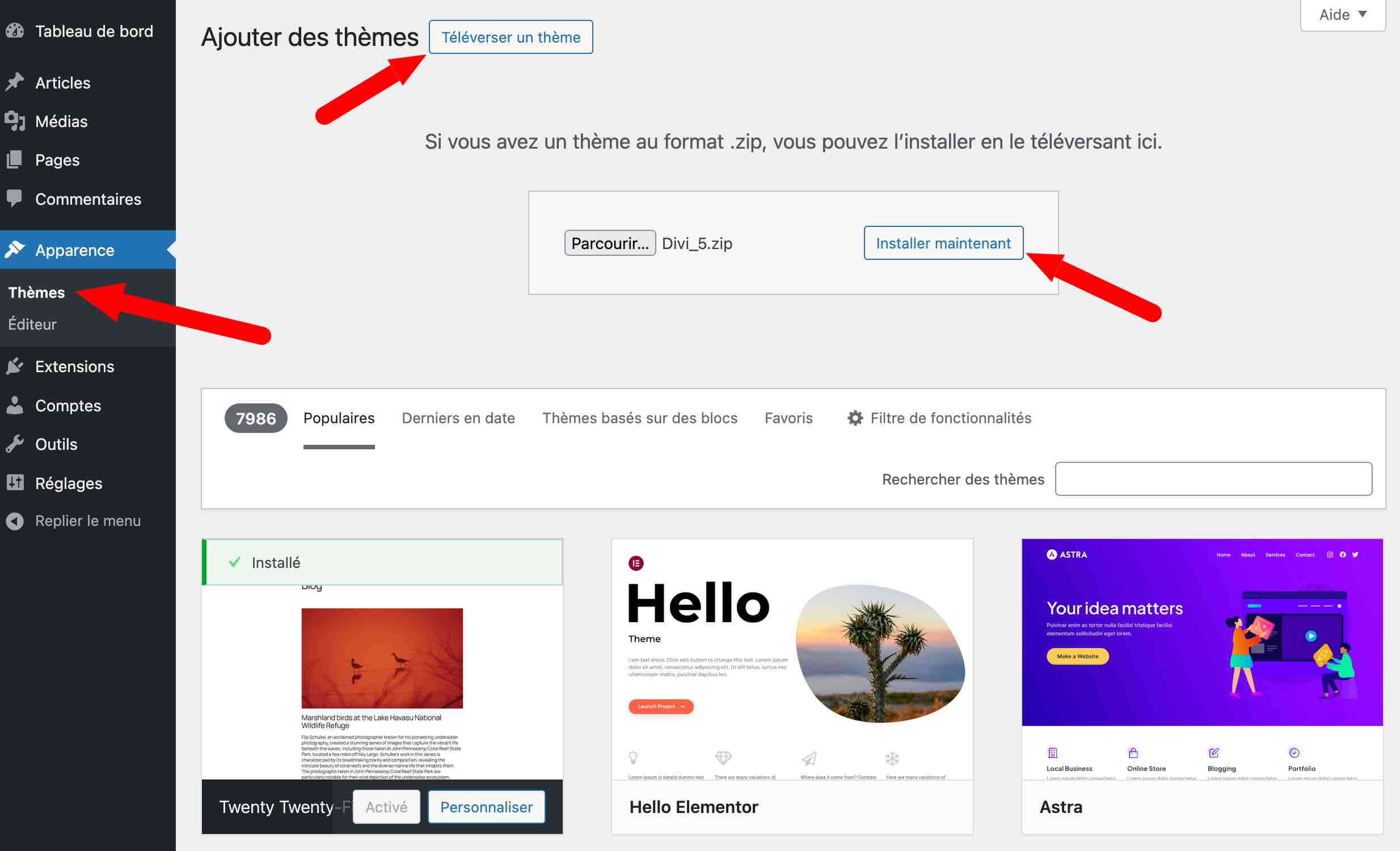 Installation de Divi 5 sur l'admin WordPress.
