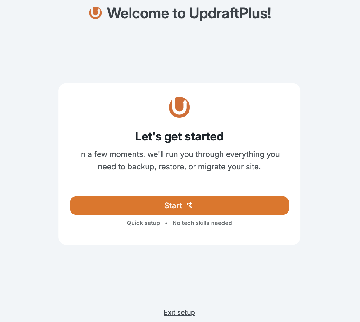 Assistant de configuration d'UpdraftPlus affiché à l'activation