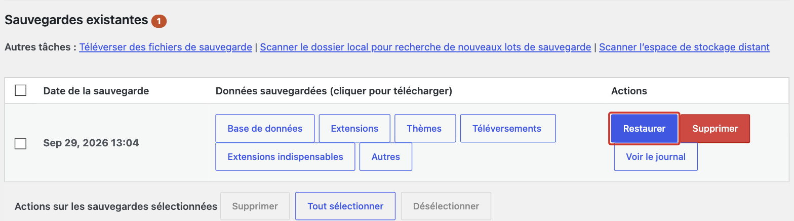 Bouton Restaurer d'une sauvegarde existante dans UpdraftPlus