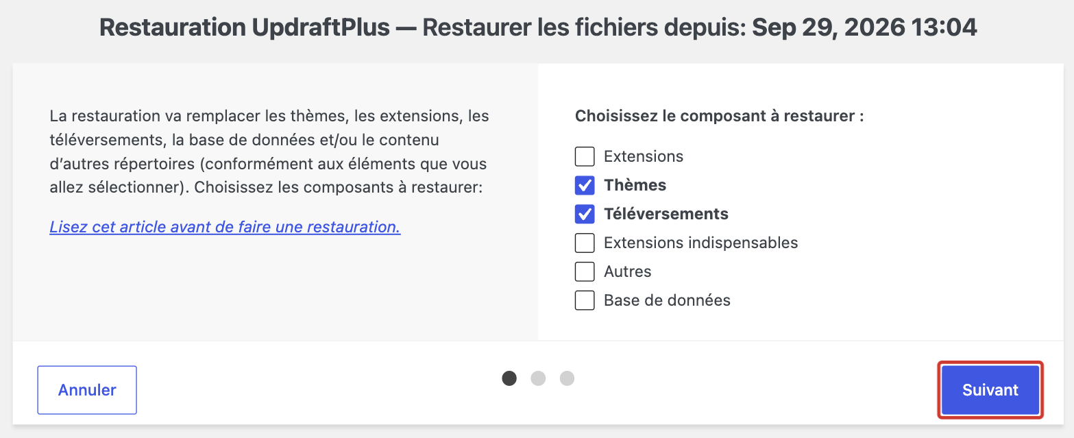 Choix des composants à restaurer dans UpdraftPlus