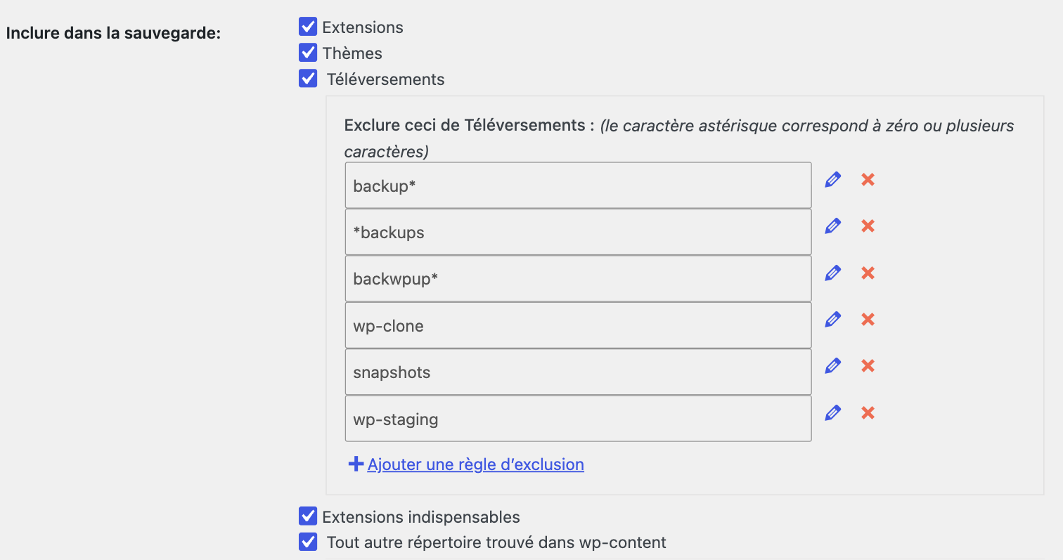 Éléments à inclure dans la sauvegarde UpdraftPlus