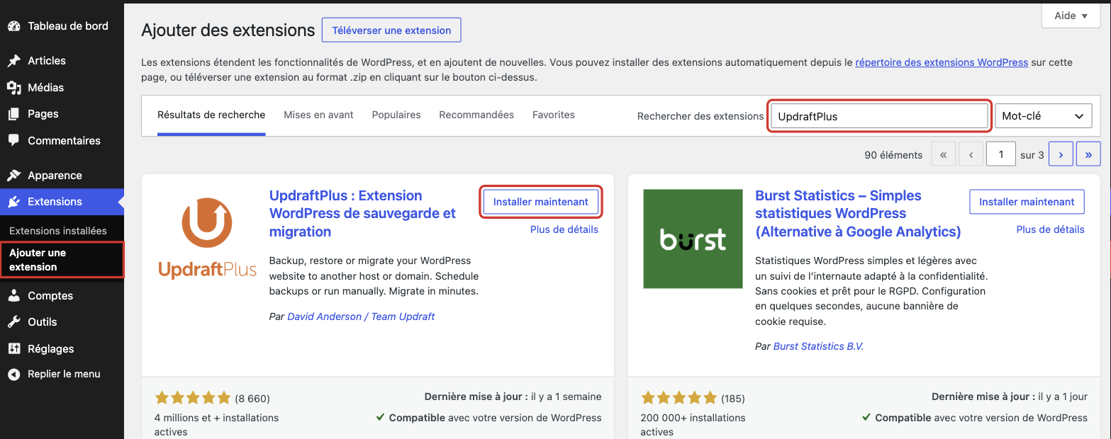 Installation de l'extension UpdraftPlus depuis l'administration WordPress