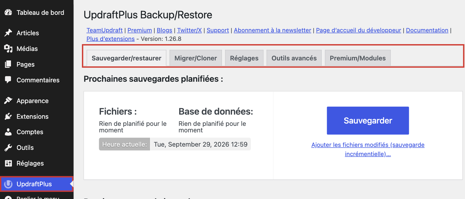 Menu UpdraftPlus et onglets du tableau de bord de l'extension