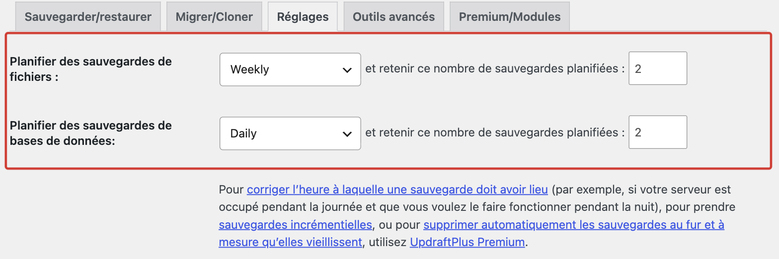 Planification des sauvegardes de fichiers et de base de données dans UpdraftPlus
