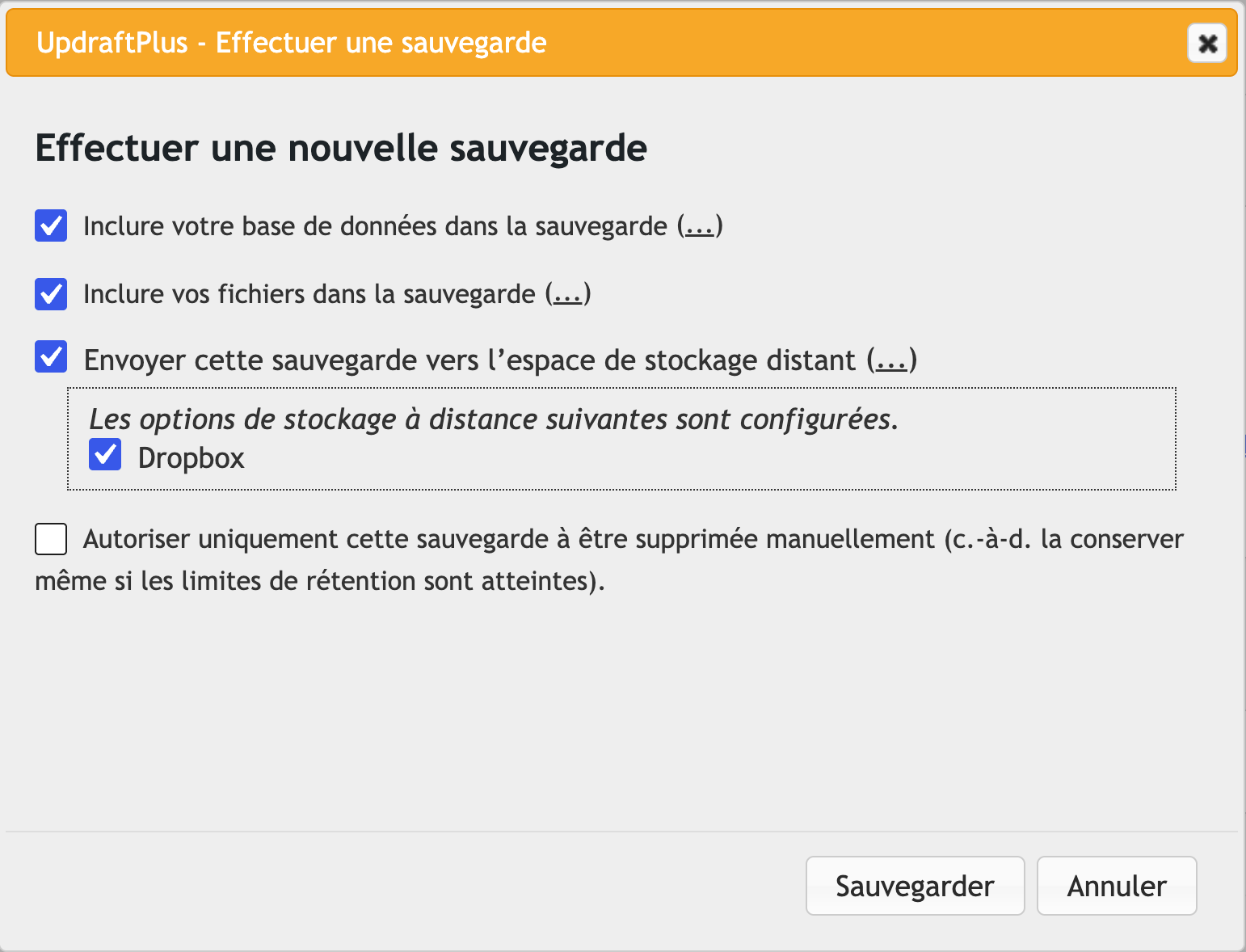 Fenêtre Effectuer une nouvelle sauvegarde avec envoi vers Dropbox dans UpdraftPlus