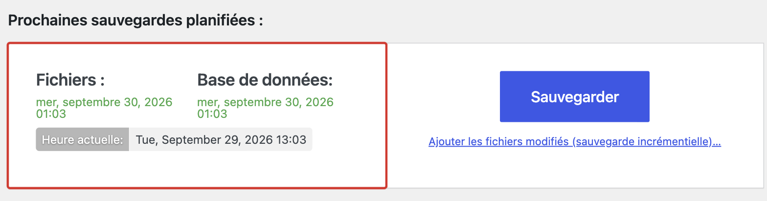 Dates des prochaines sauvegardes planifiées dans UpdraftPlus