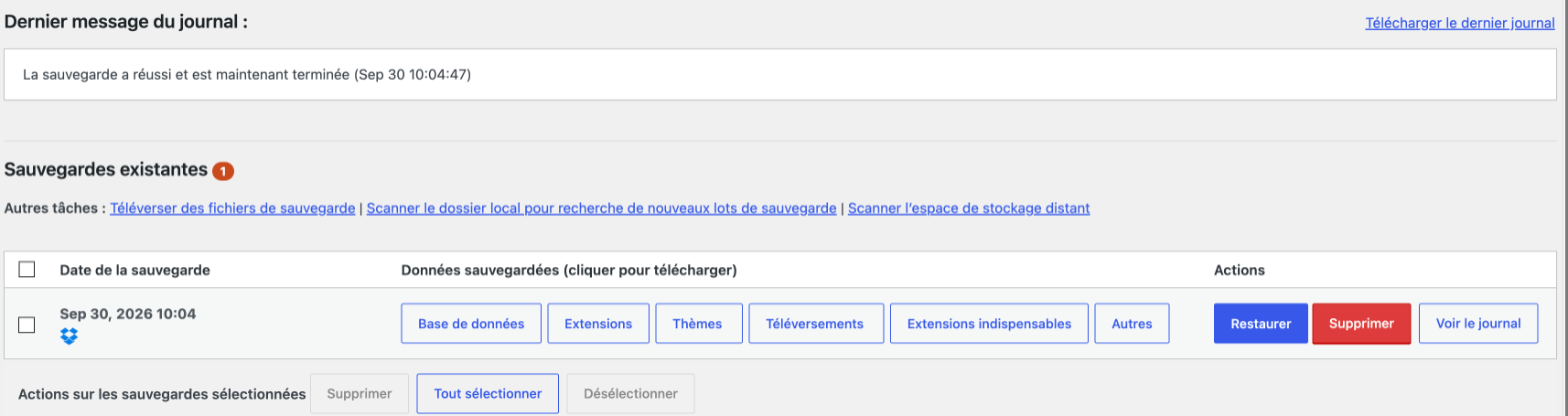 Sauvegarde réussie envoyée sur Dropbox dans la liste des sauvegardes UpdraftPlus