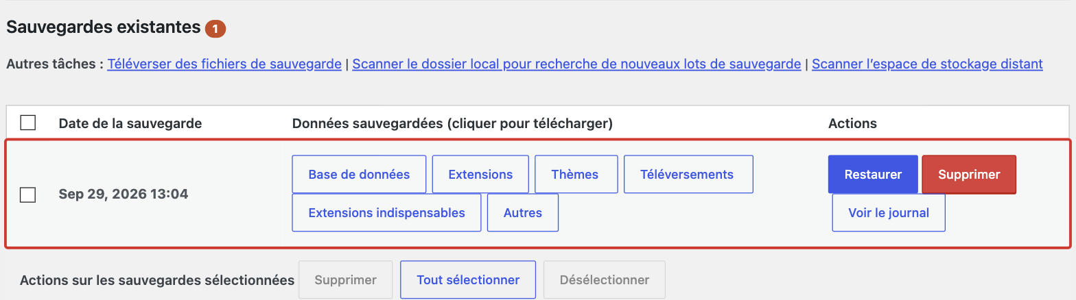 Liste des sauvegardes existantes dans UpdraftPlus