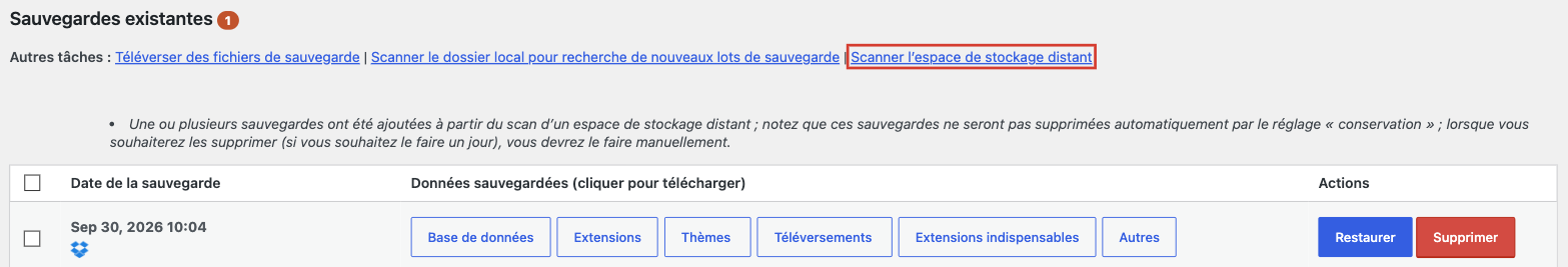 Sauvegarde trouvée après un scan de l'espace de stockage distant sur le site de destination