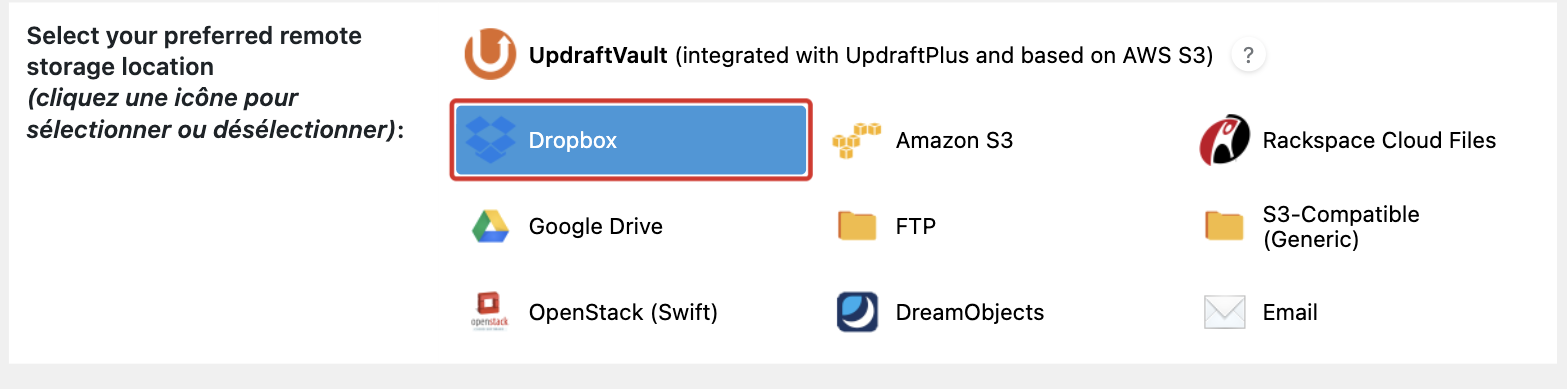 Sélection de Dropbox comme espace de stockage distant dans UpdraftPlus