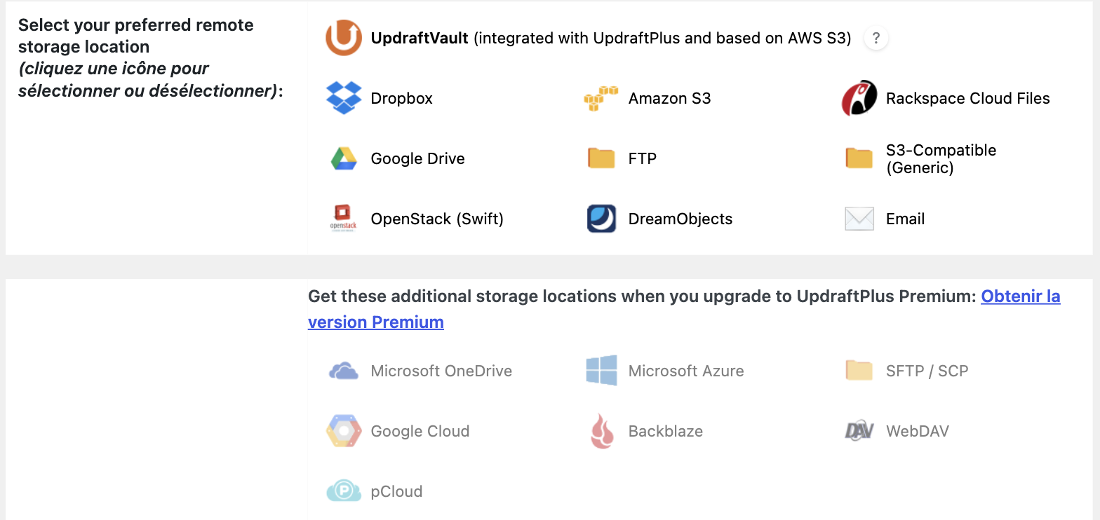 Espaces de stockage distants de la version gratuite et de la version Premium d'UpdraftPlus